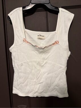 We The Free White Ribbed Tank Top with Floral Trim